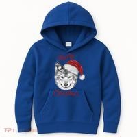 Merry Christmas Funny Wolf Face With Santa Hat Retro Xmas Gift Kids Hoodie thumb 0