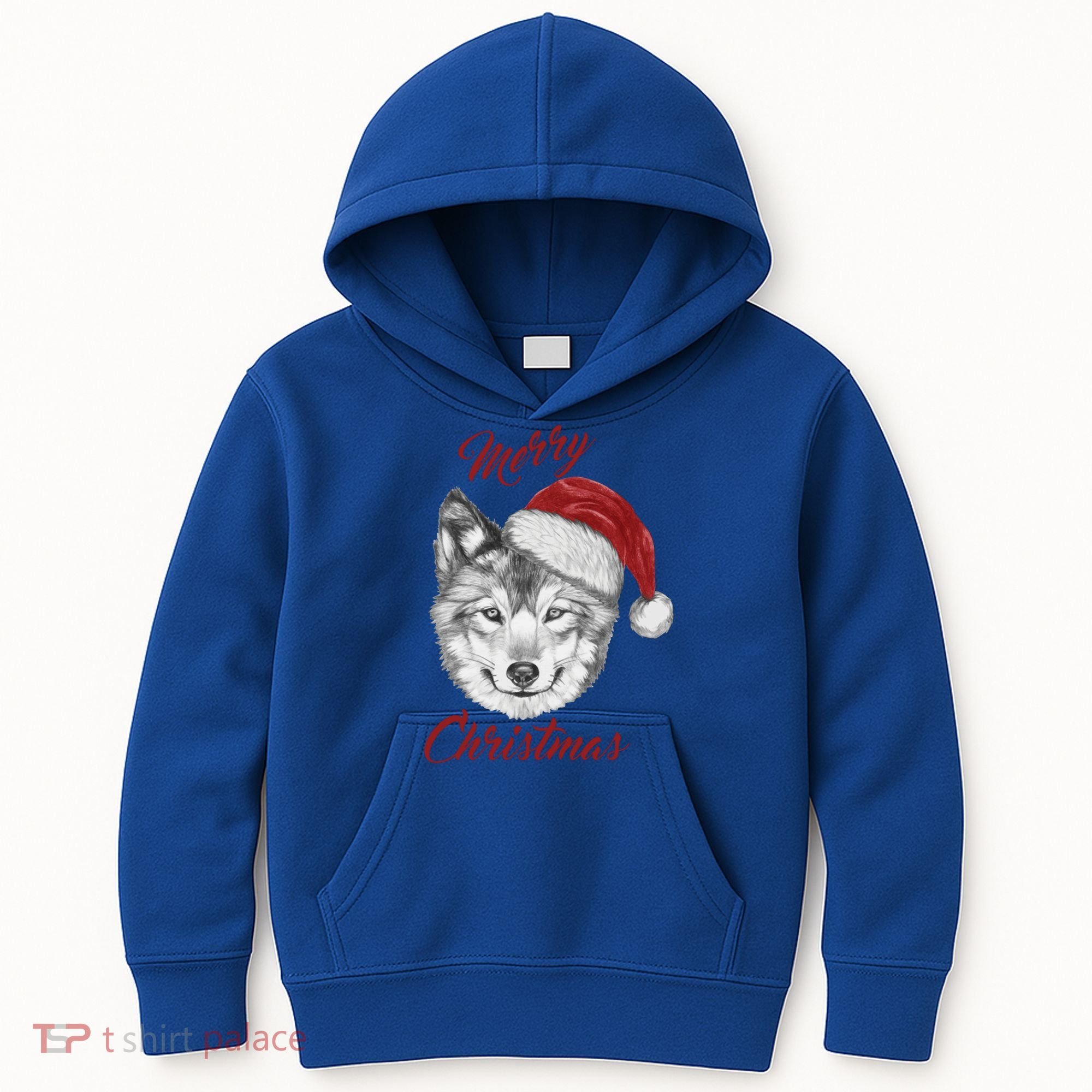 Merry Christmas Funny Wolf Face With Santa Hat Retro Xmas Gift Kids Hoodie