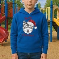 Merry Christmas Funny Wolf Face With Santa Hat Retro Xmas Gift Kids Hoodie thumb 2