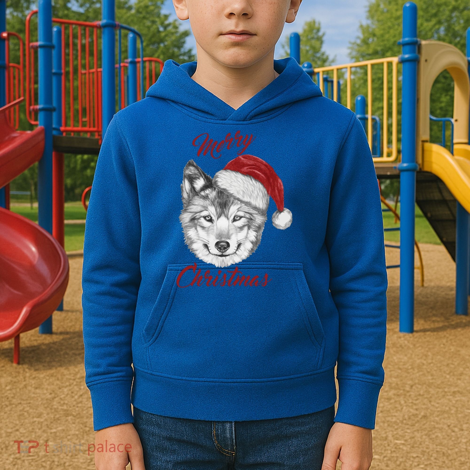 Merry Christmas Funny Wolf Face With Santa Hat Retro Xmas Gift Kids Hoodie