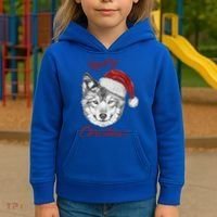 Merry Christmas Funny Wolf Face With Santa Hat Retro Xmas Gift Kids Hoodie thumb 3