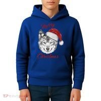 Merry Christmas Funny Wolf Face With Santa Hat Retro Xmas Gift Kids Hoodie thumb 4