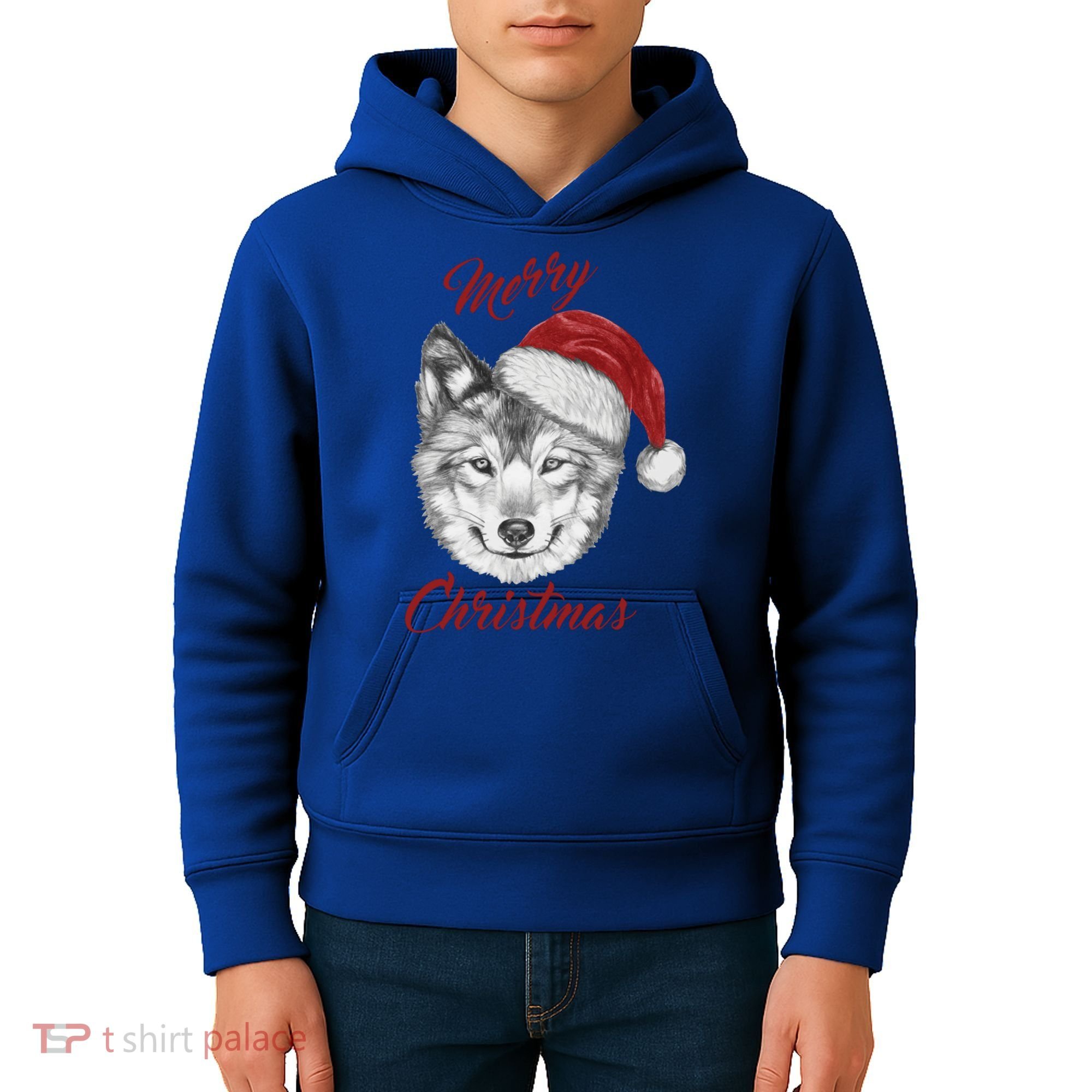 Merry Christmas Funny Wolf Face With Santa Hat Retro Xmas Gift Kids Hoodie