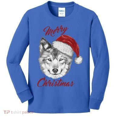 Merry Christmas Funny Wolf Face With Santa Hat Retro Xmas Gift Kids Long Sleeve Shirt