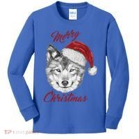 Merry Christmas Funny Wolf Face With Santa Hat Retro Xmas Gift Kids Long Sleeve Shirt thumb 0
