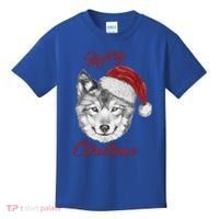 Merry Christmas Funny Wolf Face With Santa Hat Retro Xmas Gift Kids T-Shirt thumb 0