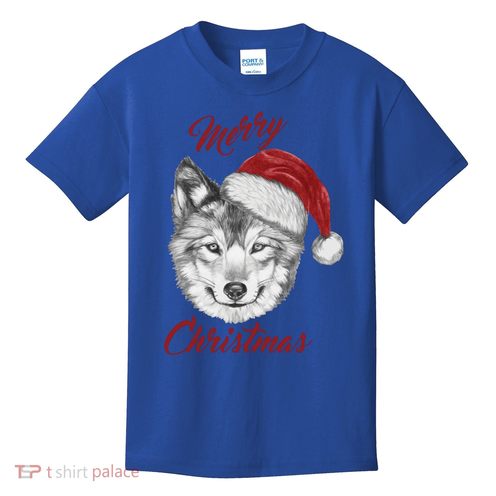 Merry Christmas Funny Wolf Face With Santa Hat Retro Xmas Gift Kids T-Shirt