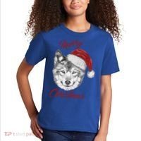 Merry Christmas Funny Wolf Face With Santa Hat Retro Xmas Gift Kids T-Shirt thumb 2