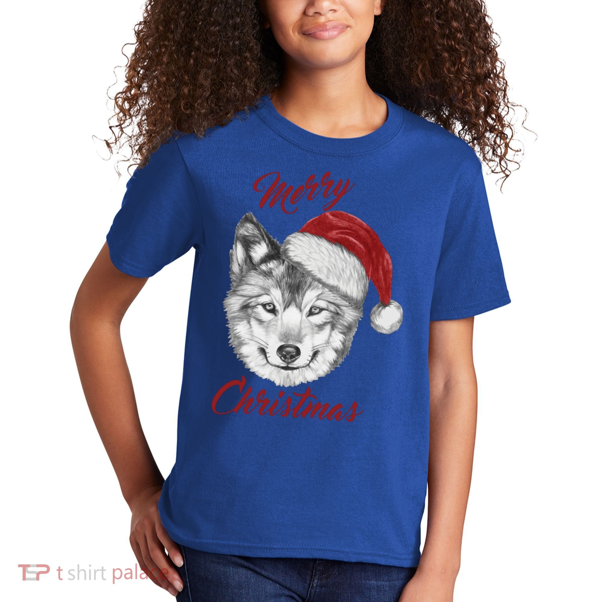 Merry Christmas Funny Wolf Face With Santa Hat Retro Xmas Gift Kids T-Shirt