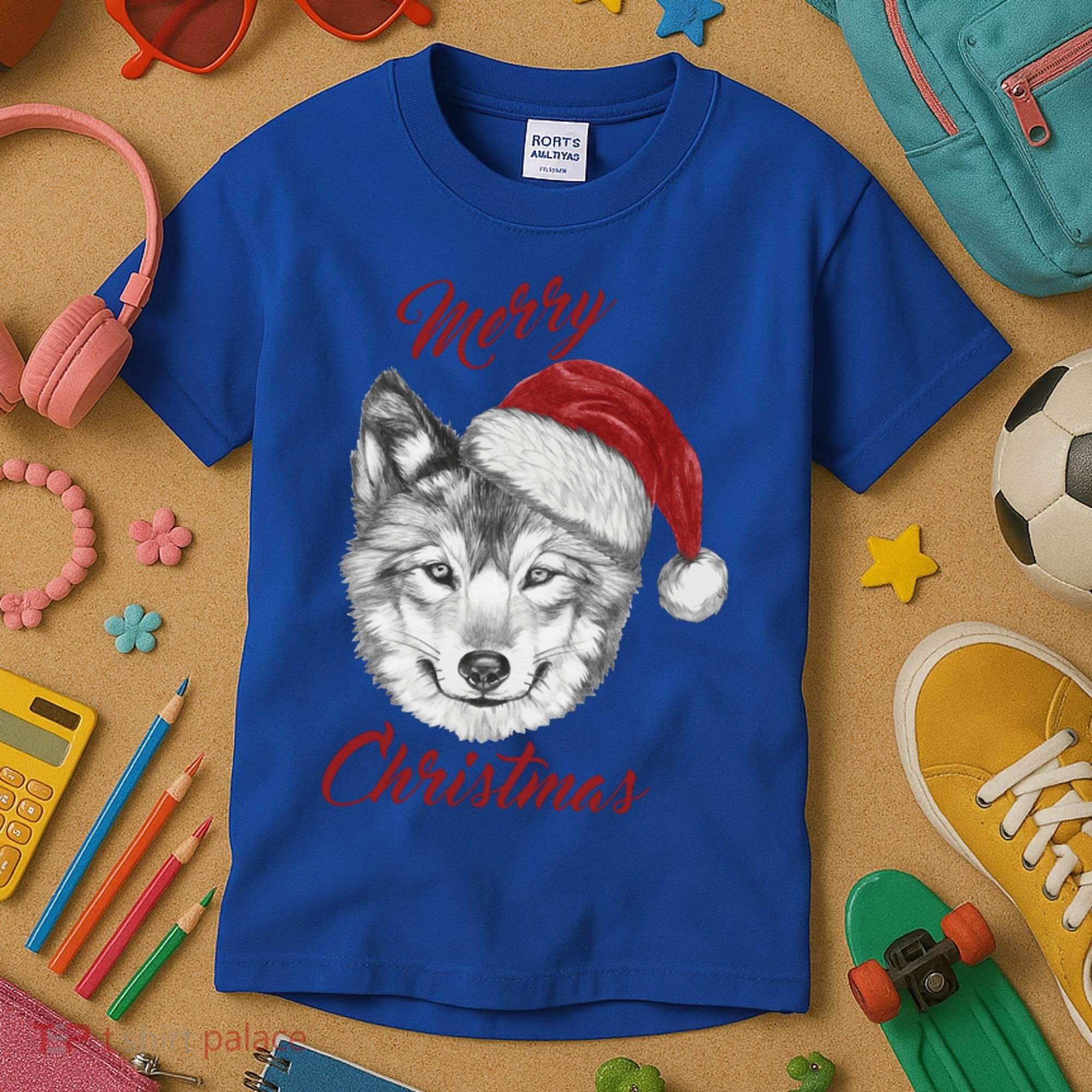 Merry Christmas Funny Wolf Face With Santa Hat Retro Xmas Gift Kids T-Shirt