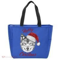 Merry Christmas Funny Wolf Face With Santa Hat Retro Xmas Gift Tote Bag thumb 0