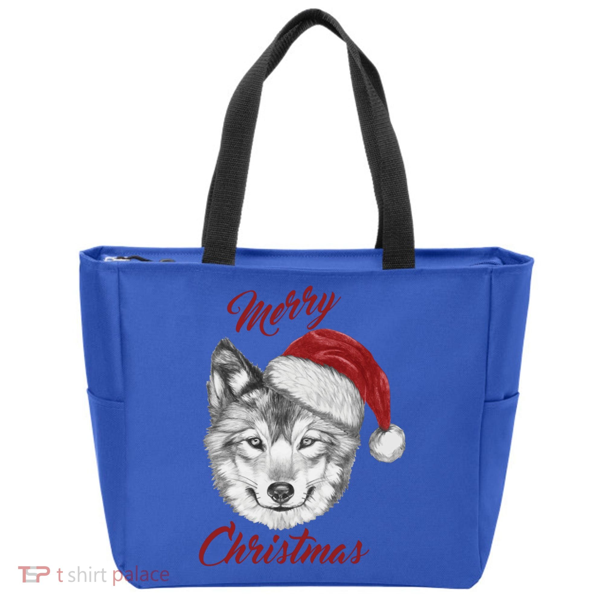 Merry Christmas Funny Wolf Face With Santa Hat Retro Xmas Gift Tote Bag