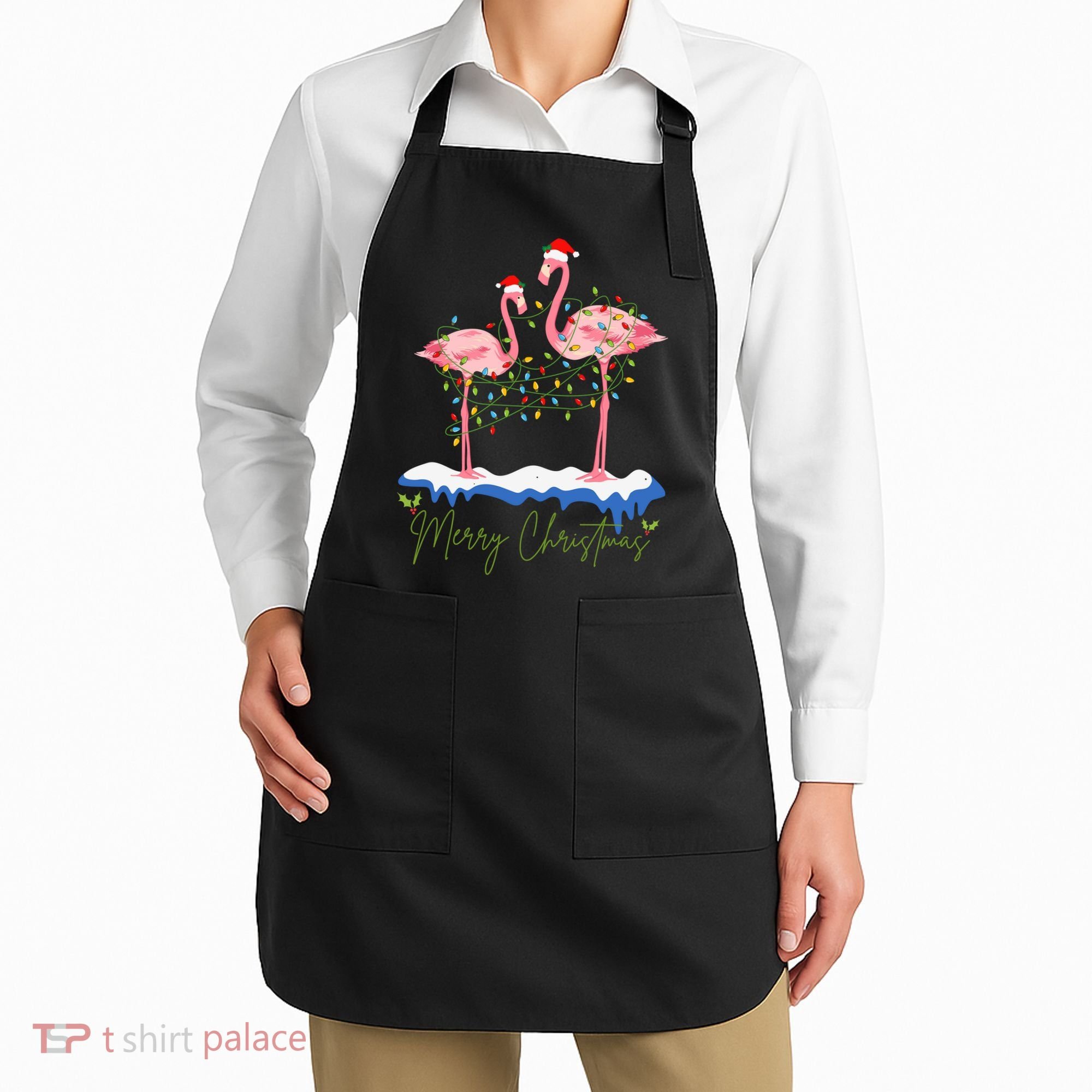 Merry Christmas Flamingo Holiday Apron