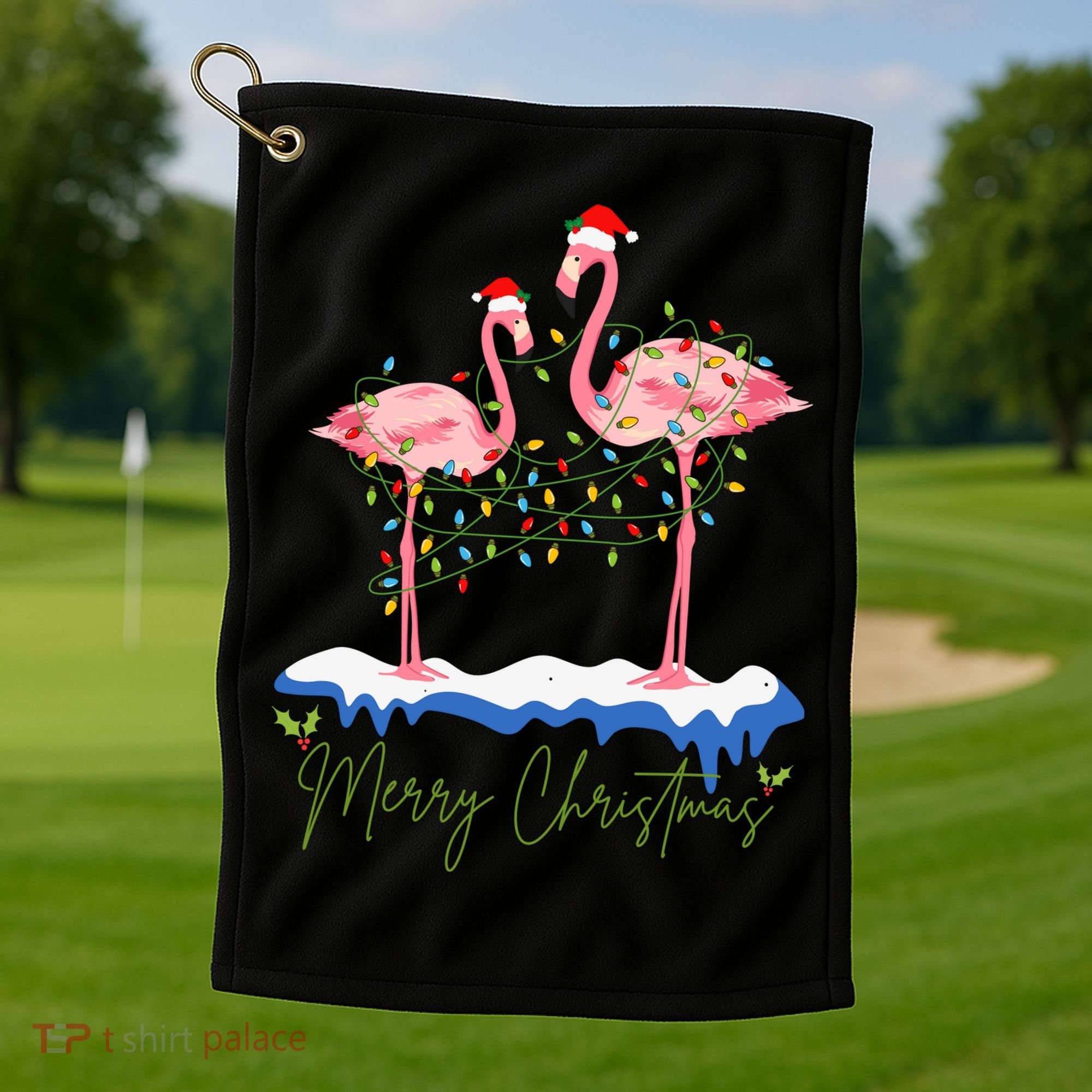 Merry Christmas Flamingo Holiday Golf Towel