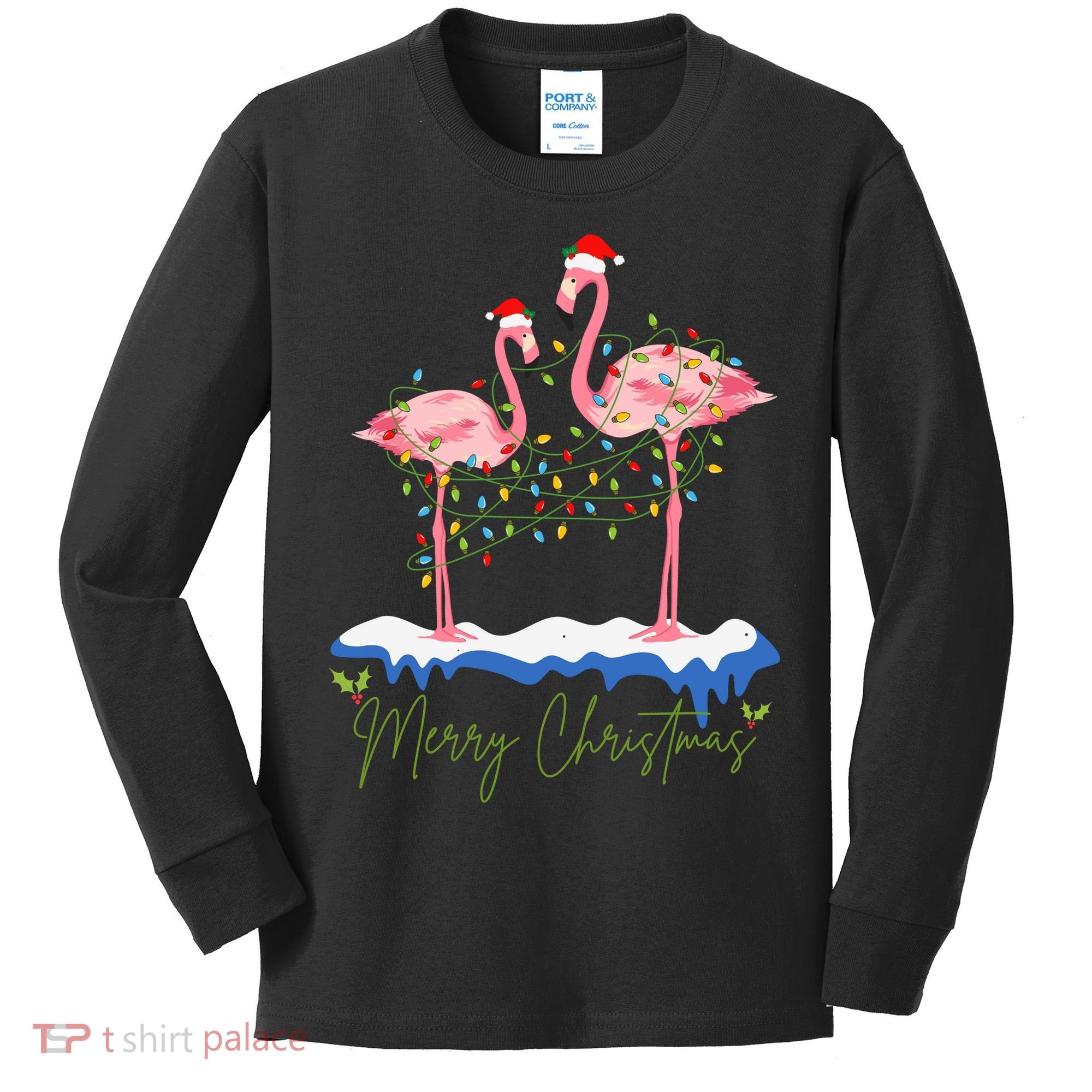 Merry Christmas Flamingo Holiday Kids Long Sleeve Shirt