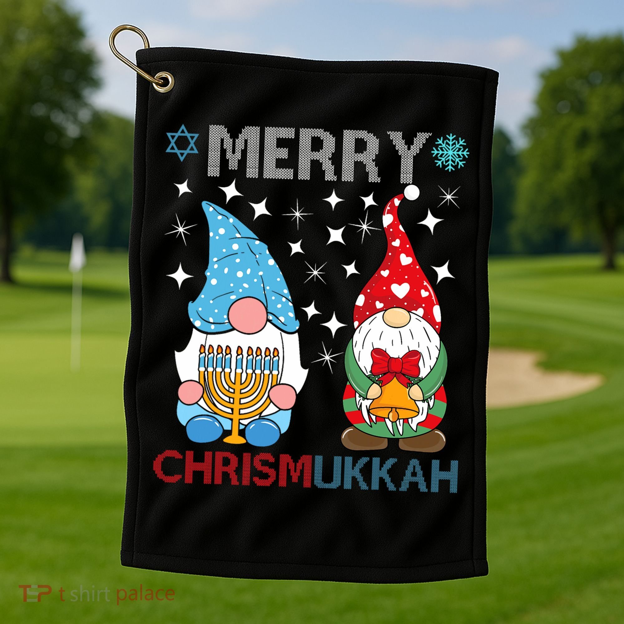 Merry Chrismukkah Funny Gnomes Christmas And Hanukkah Golf Towel