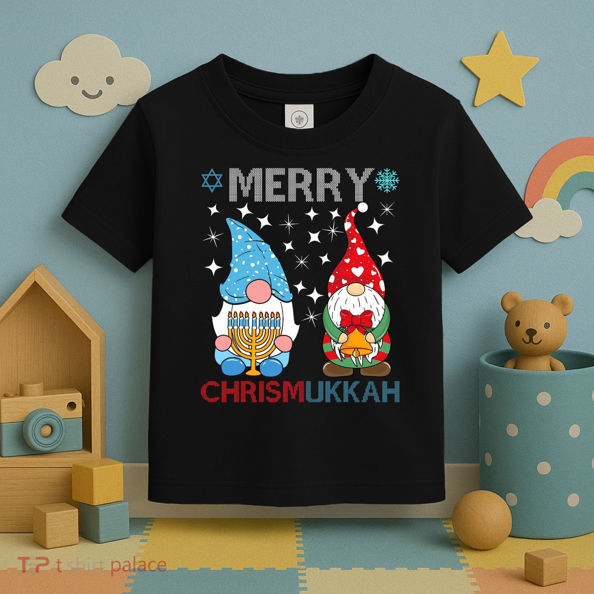 Merry Chrismukkah Funny Gnomes Christmas And Hanukkah Toddler T-Shirt