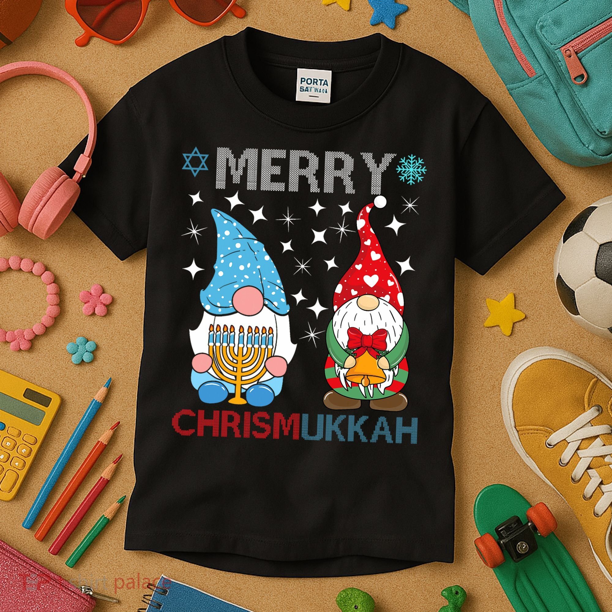 Merry Chrismukkah Funny Gnomes Christmas And Hanukkah Kids T-Shirt