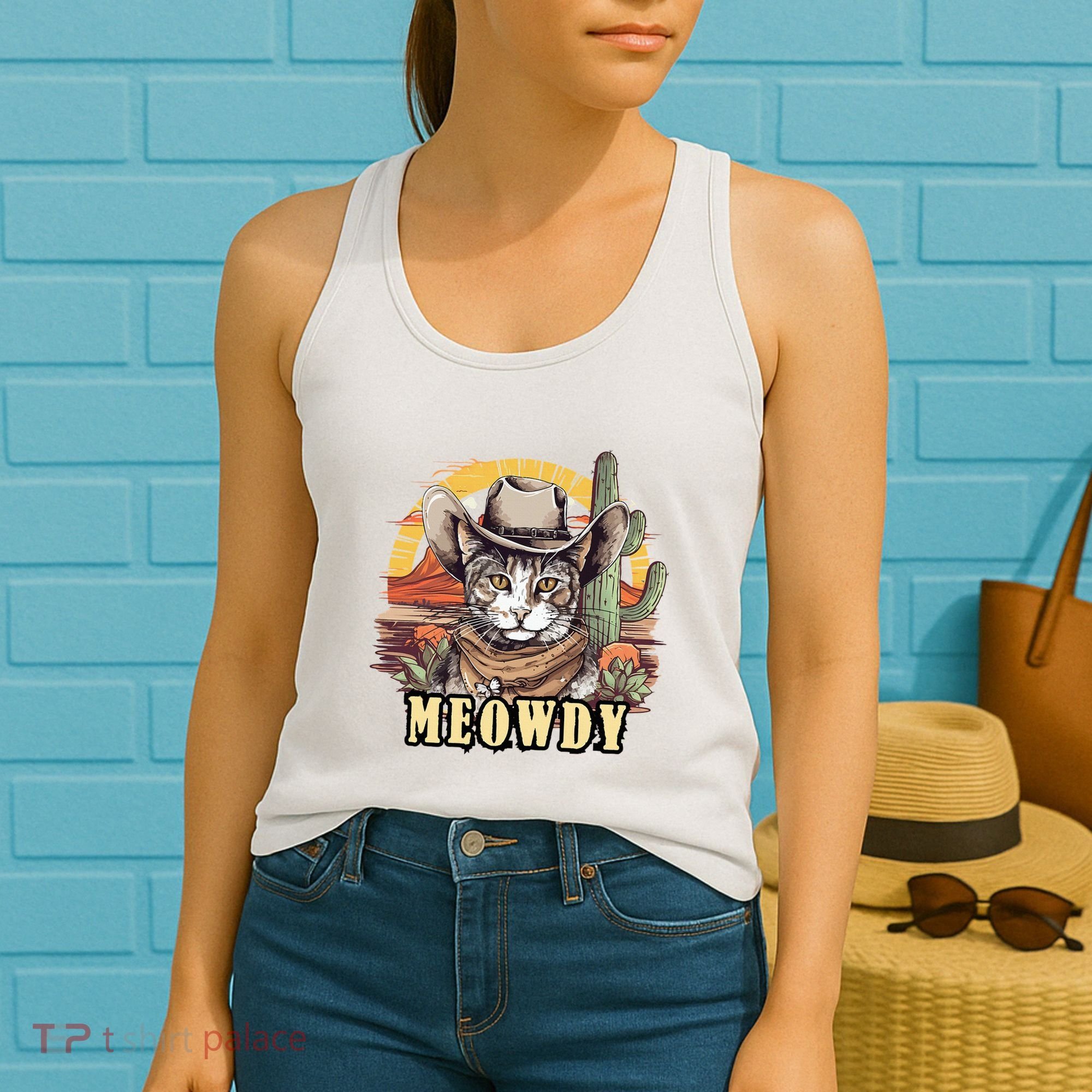 Meowdy Cat Funny Howdy Meme Wild West Cowboy Hat Women's Tank Top