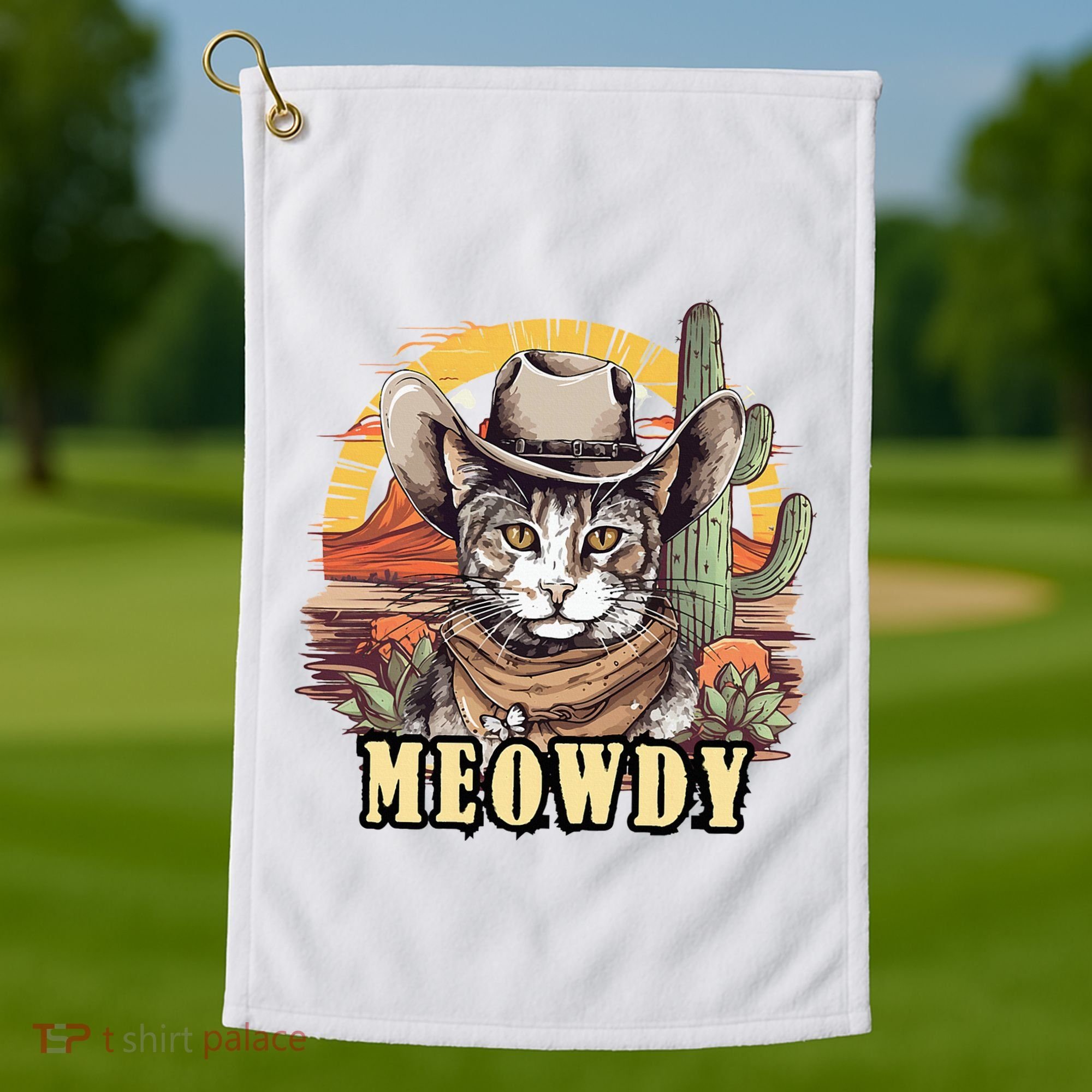 Meowdy Cat Funny Howdy Meme Wild West Cowboy Hat Golf Towel