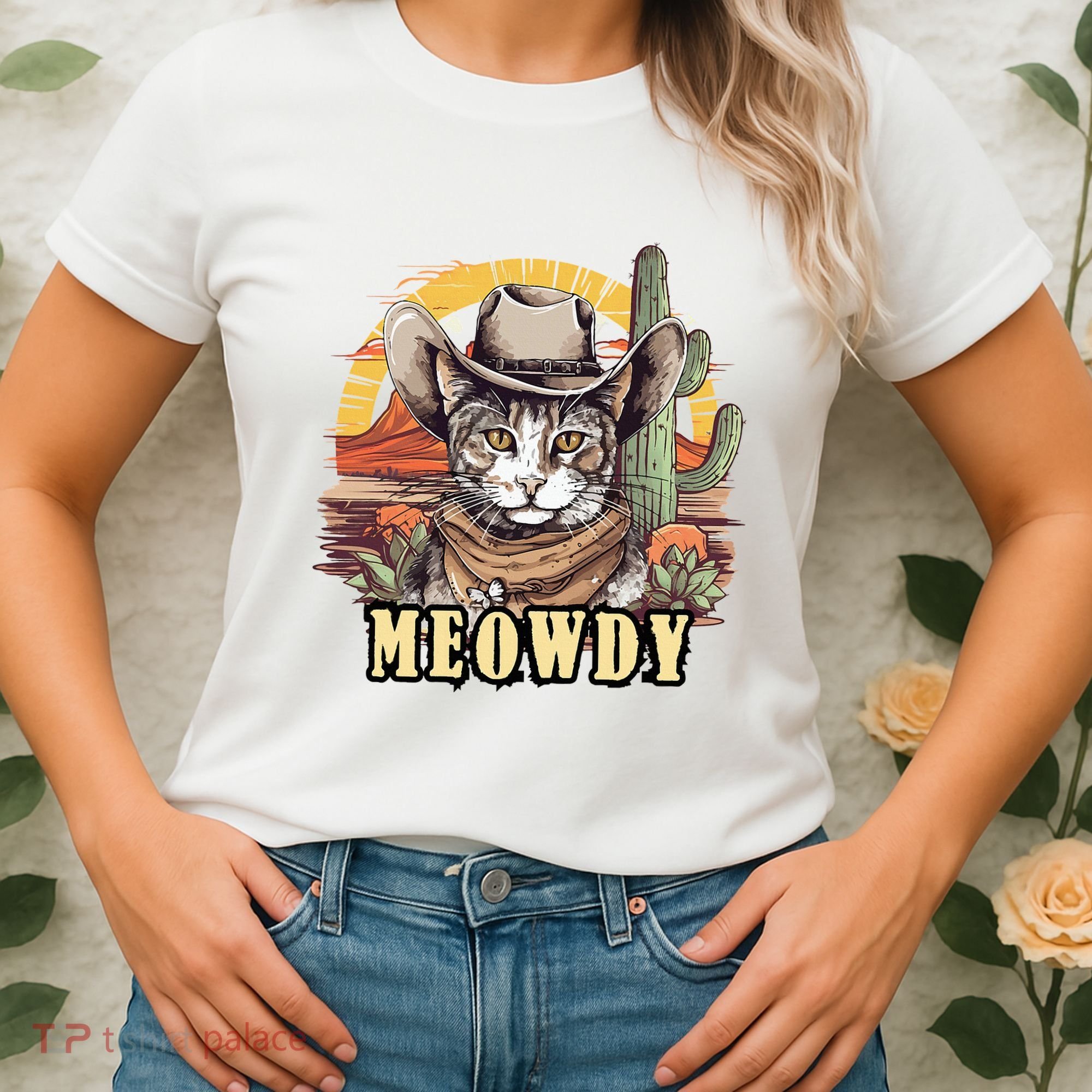 Meowdy Cat Funny Howdy Meme Wild West Cowboy Hat Women's T-Shirt