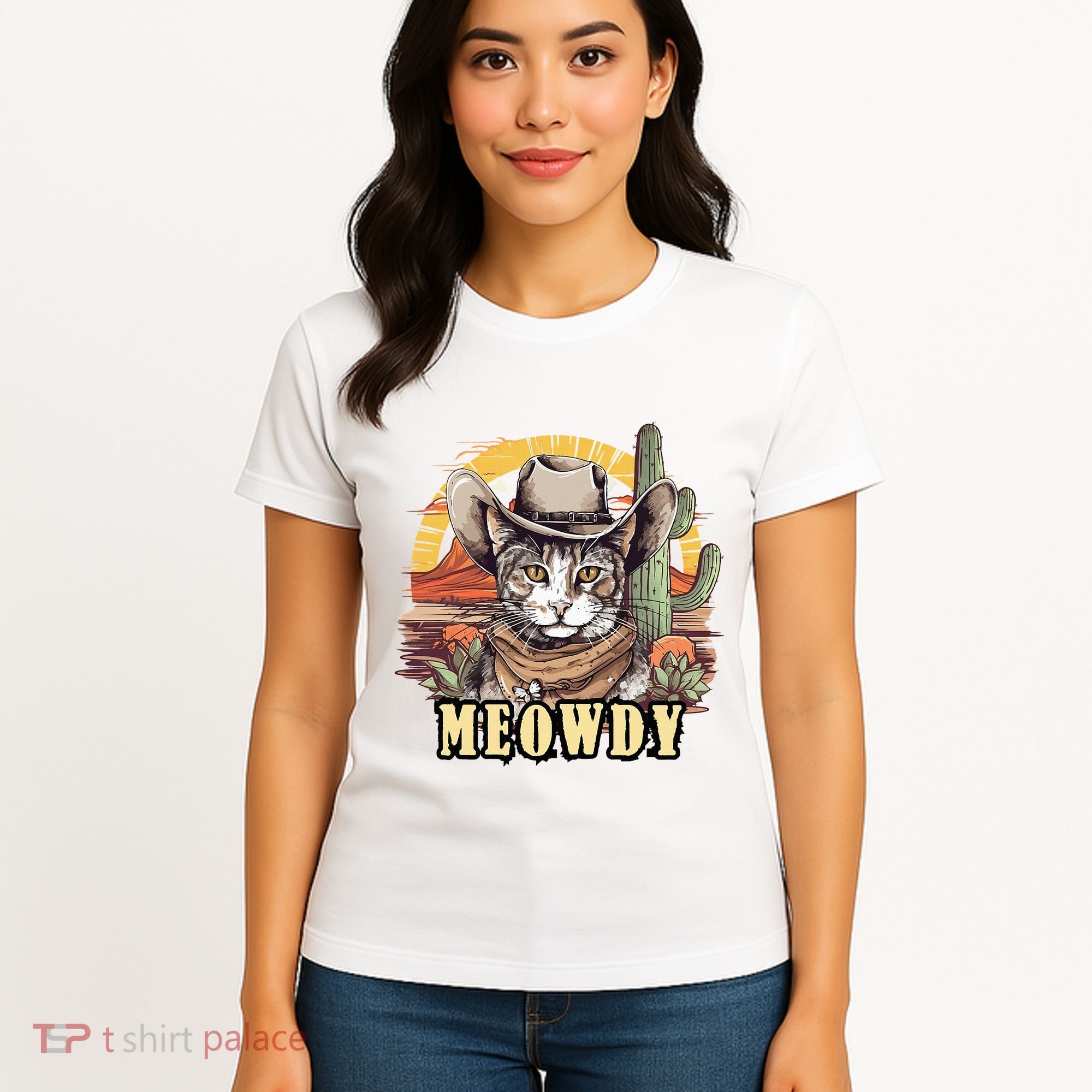 Meowdy Cat Funny Howdy Meme Wild West Cowboy Hat Women's T-Shirt