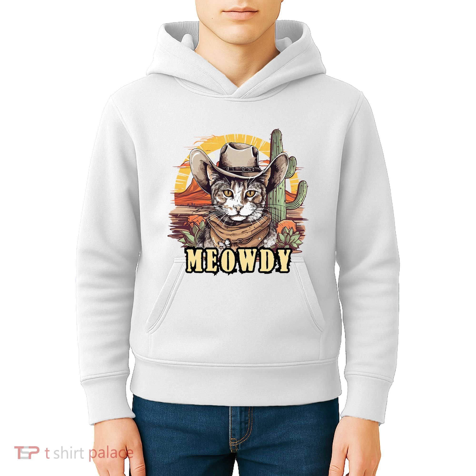 Meowdy Cat Funny Howdy Meme Wild West Cowboy Hat Kids Hoodie