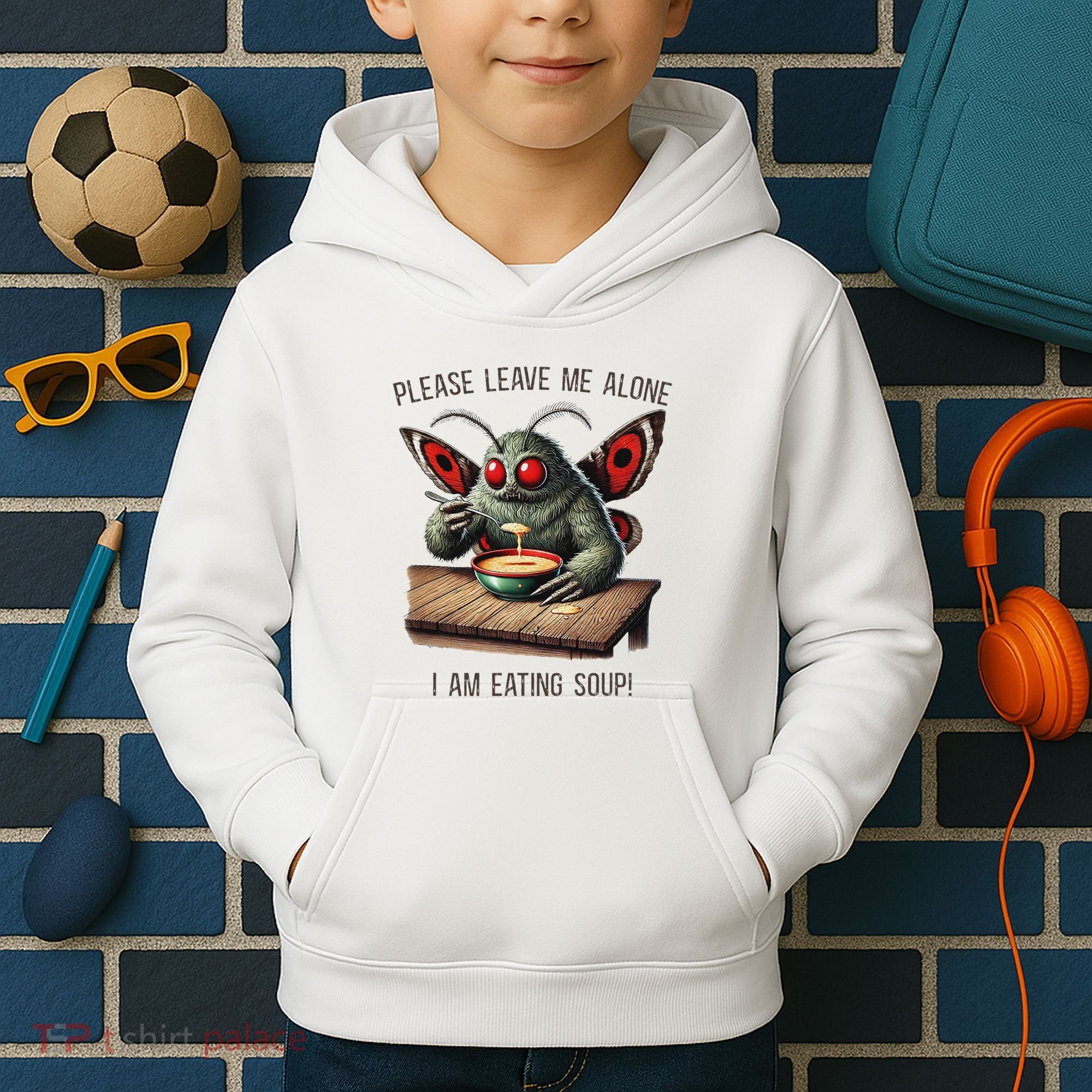 Mothman Cryptozoology Funny Cryptid Mothman Eating Soup Kids Hoodie