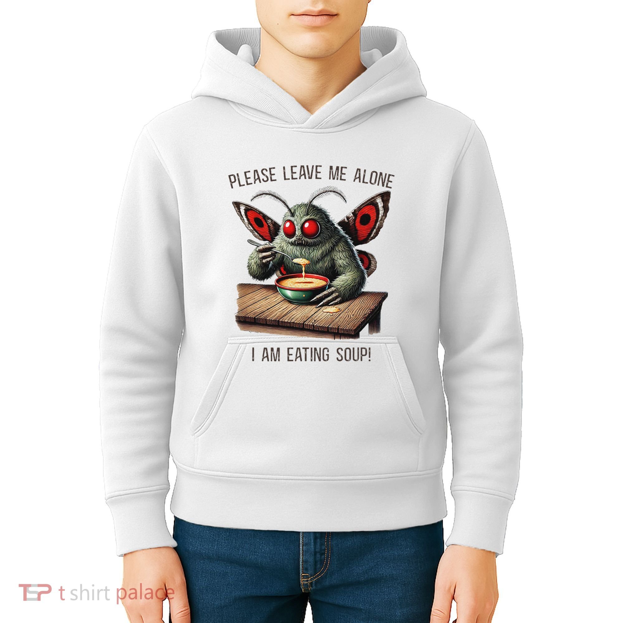 Mothman Cryptozoology Funny Cryptid Mothman Eating Soup Kids Hoodie