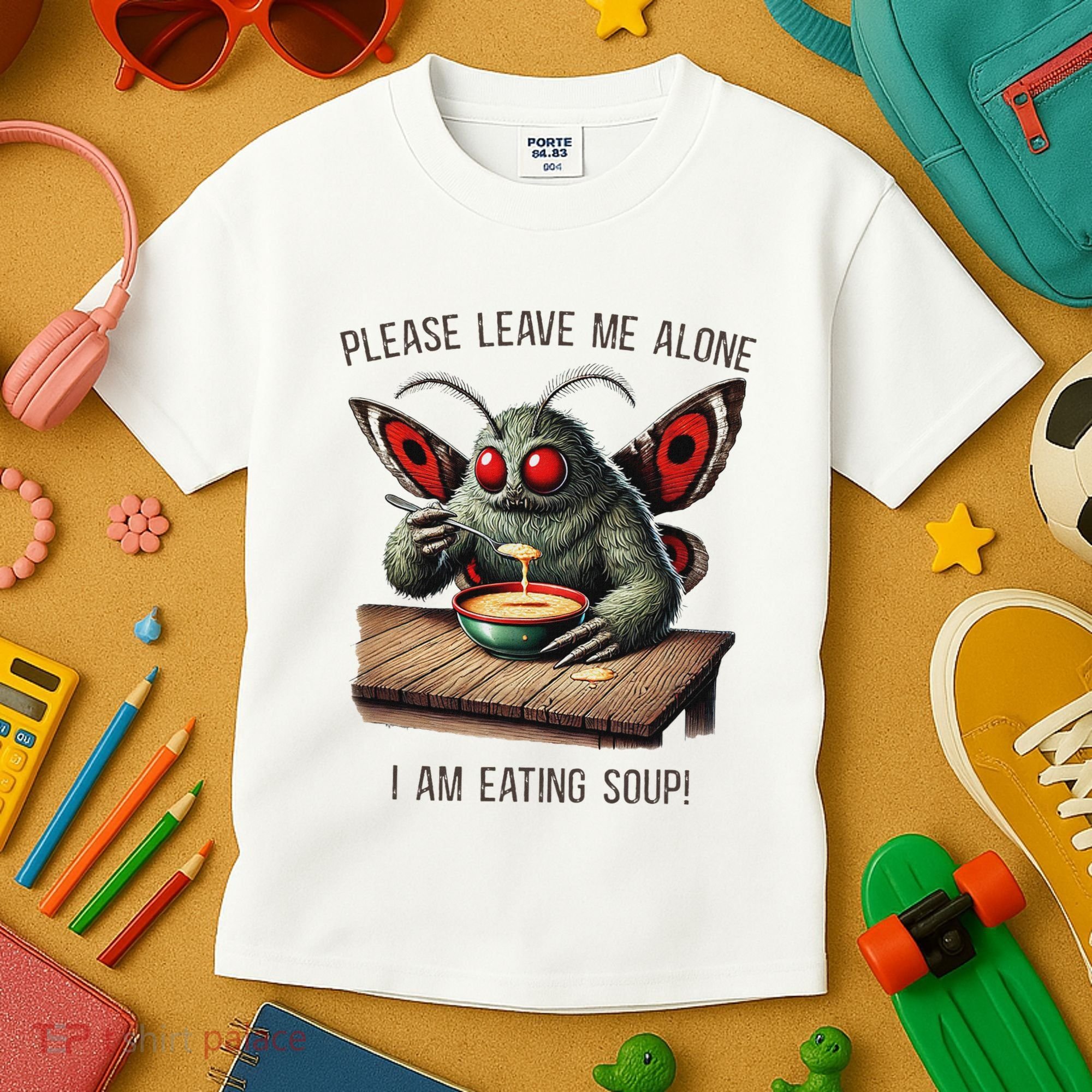 Mothman Cryptozoology Funny Cryptid Mothman Eating Soup Kids T-Shirt