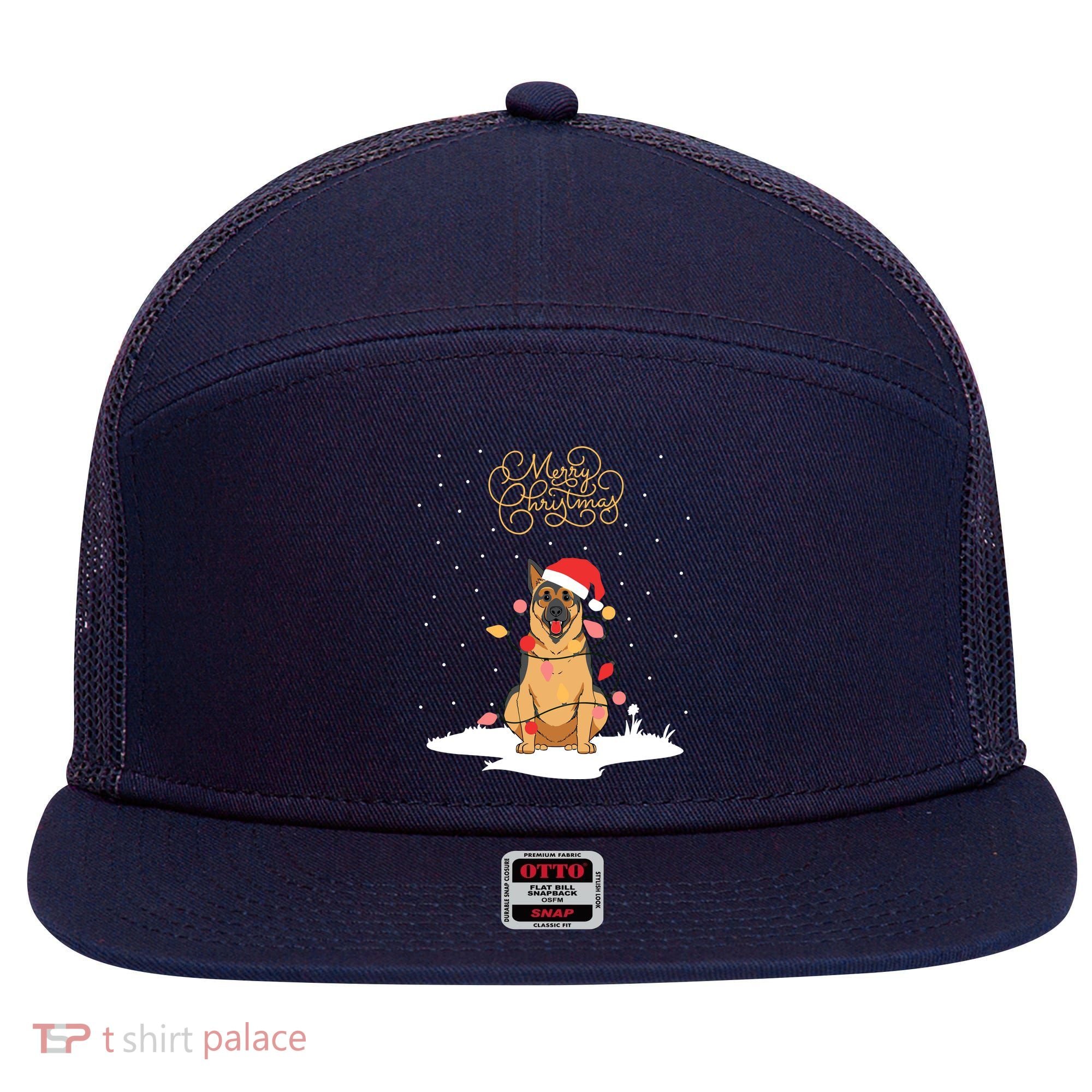 Merry Christmas Funny Xmas Christmas German Shepherd 7 Panel Mesh Trucker Snapback Hat