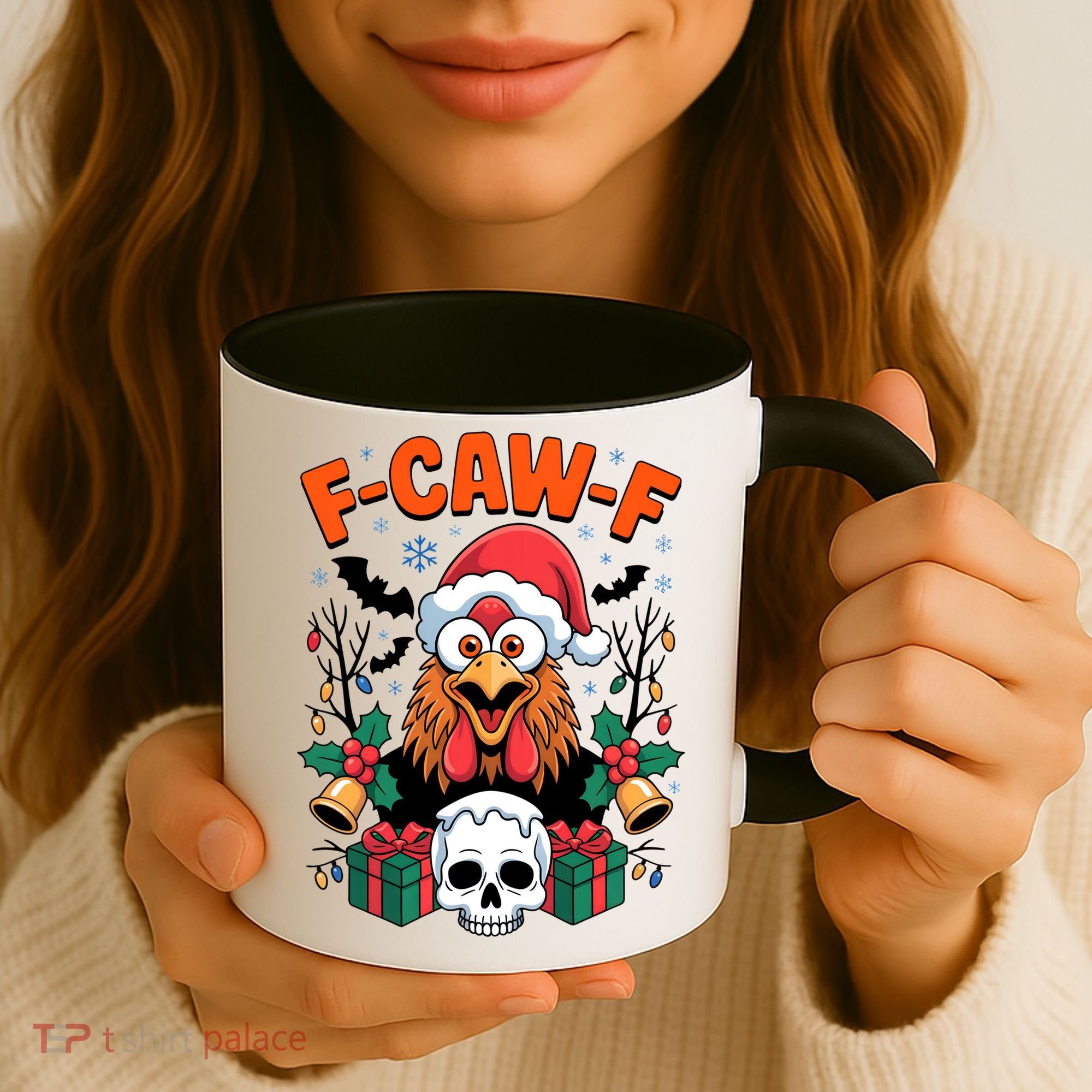 Merry Christmas F-Caw-F Chicken Spooky Skull Coffee Mug
