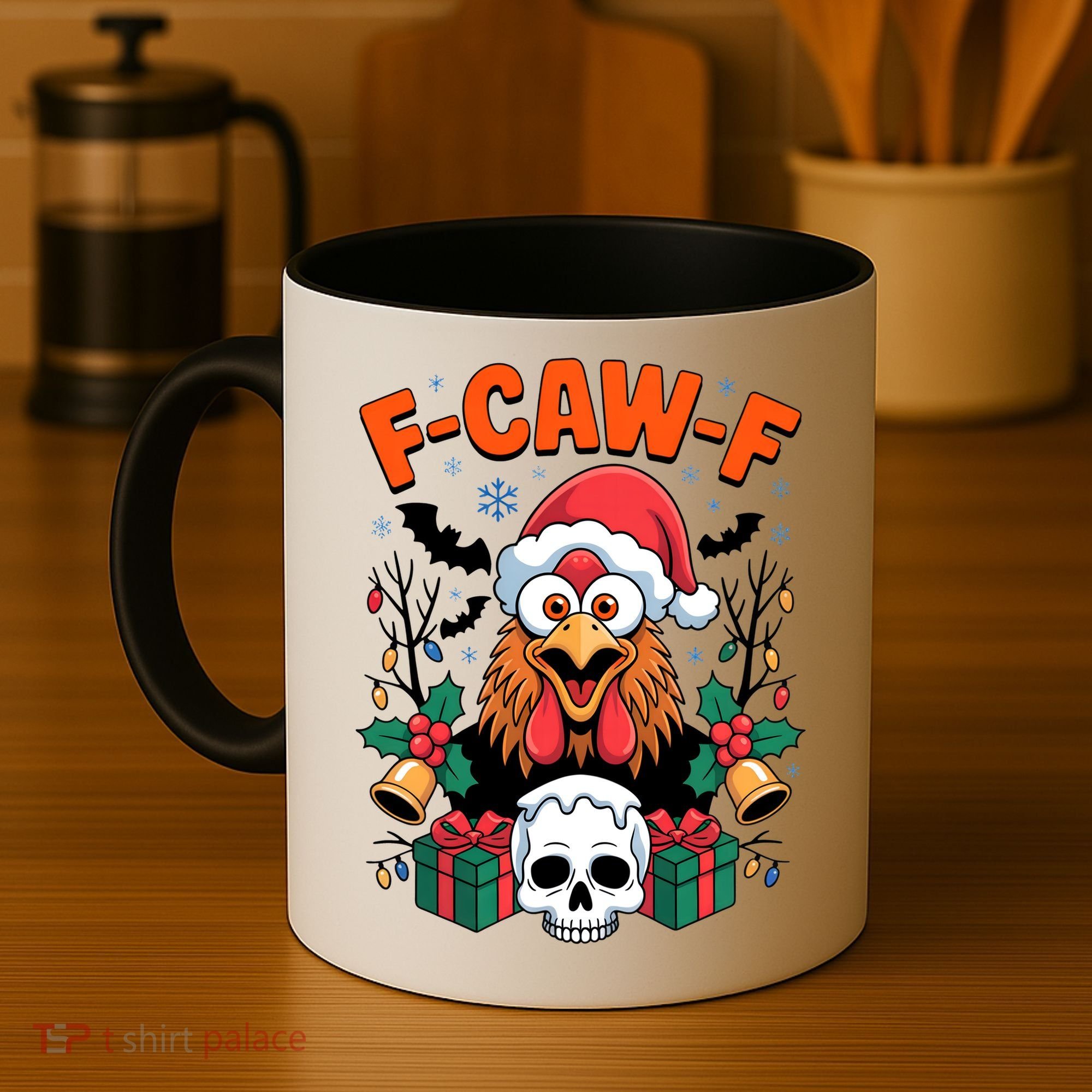 Merry Christmas F-Caw-F Chicken Spooky Skull Coffee Mug