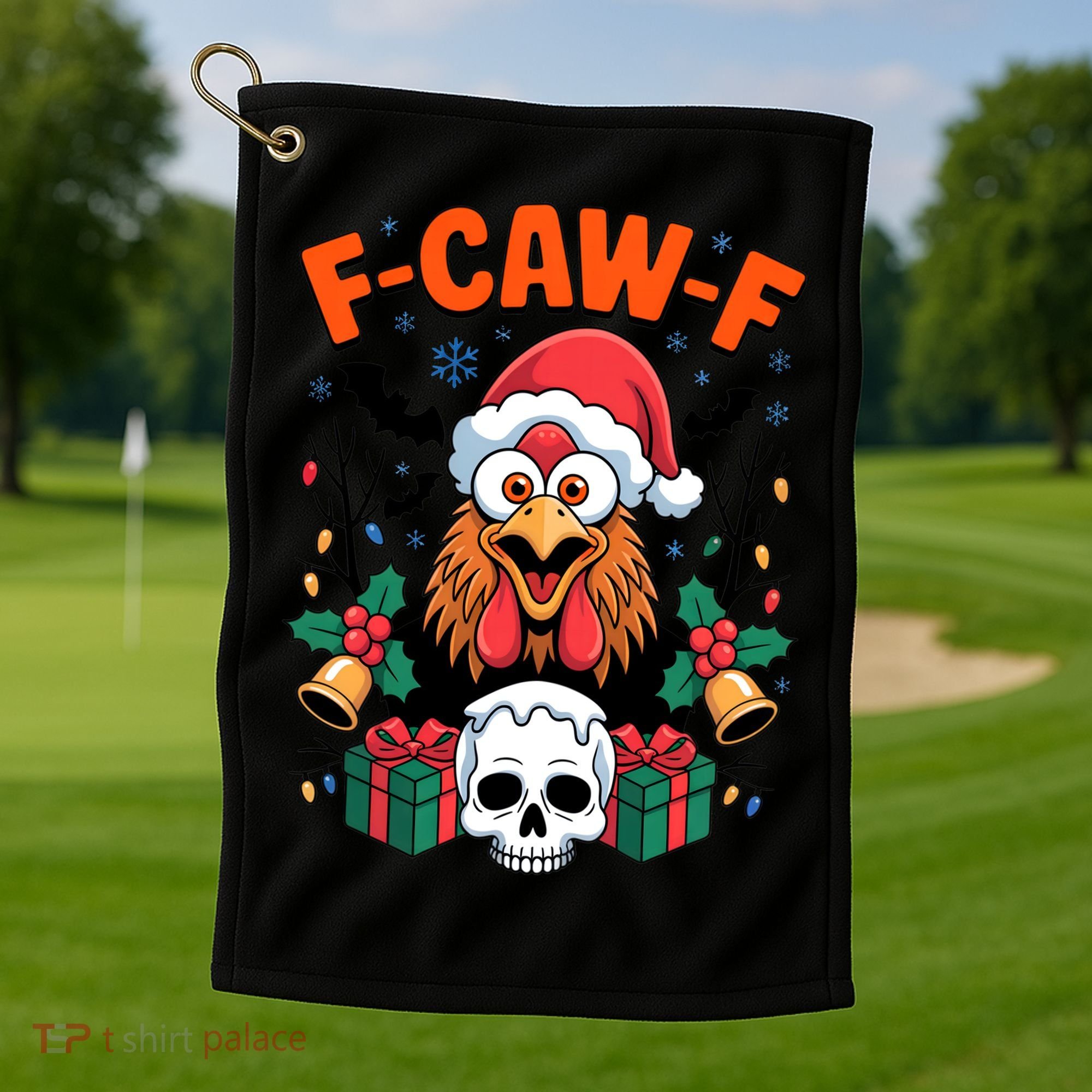 Merry Christmas F-Caw-F Chicken Spooky Skull Golf Towel