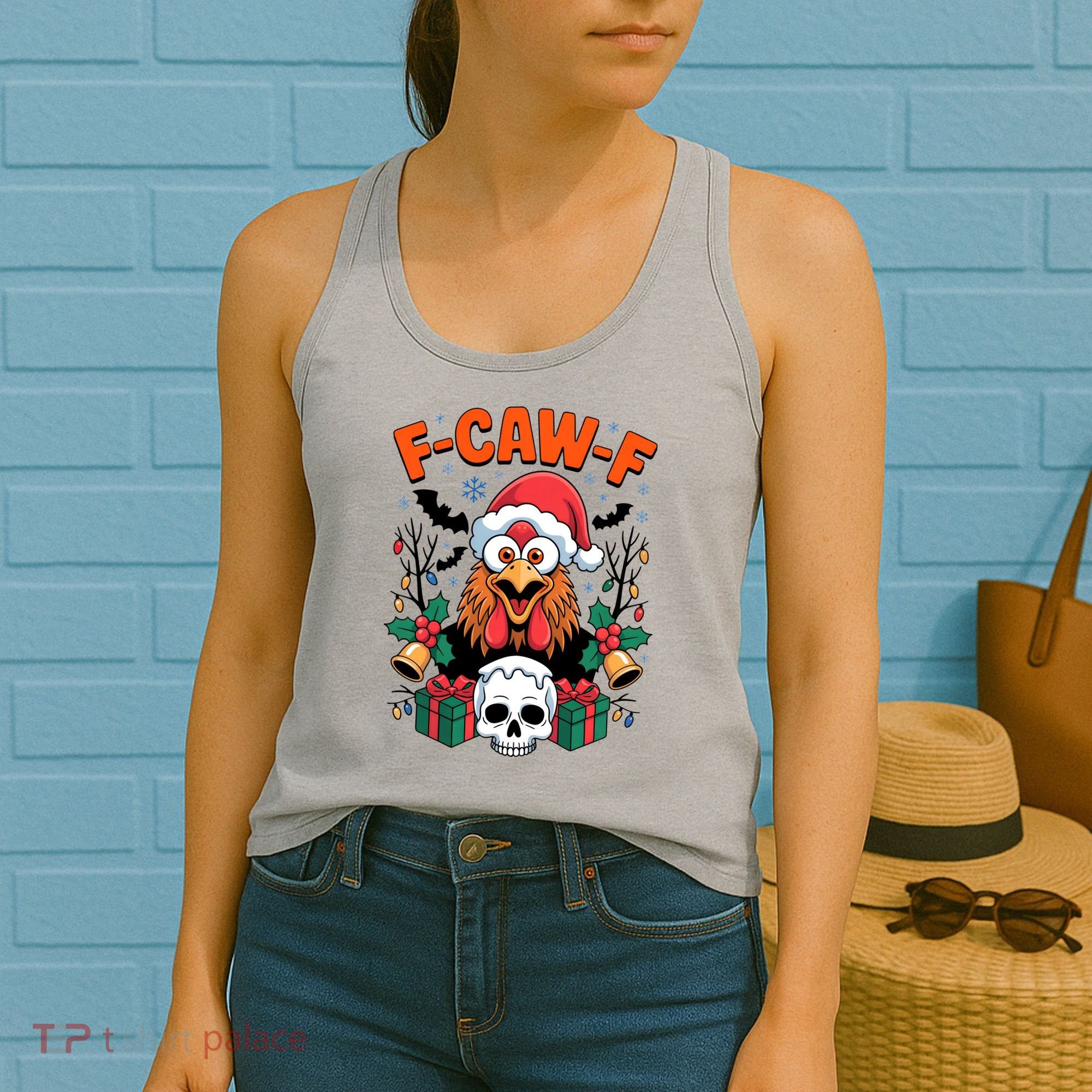Merry Christmas F-Caw-F Chicken Spooky Skull Women's Tank Top