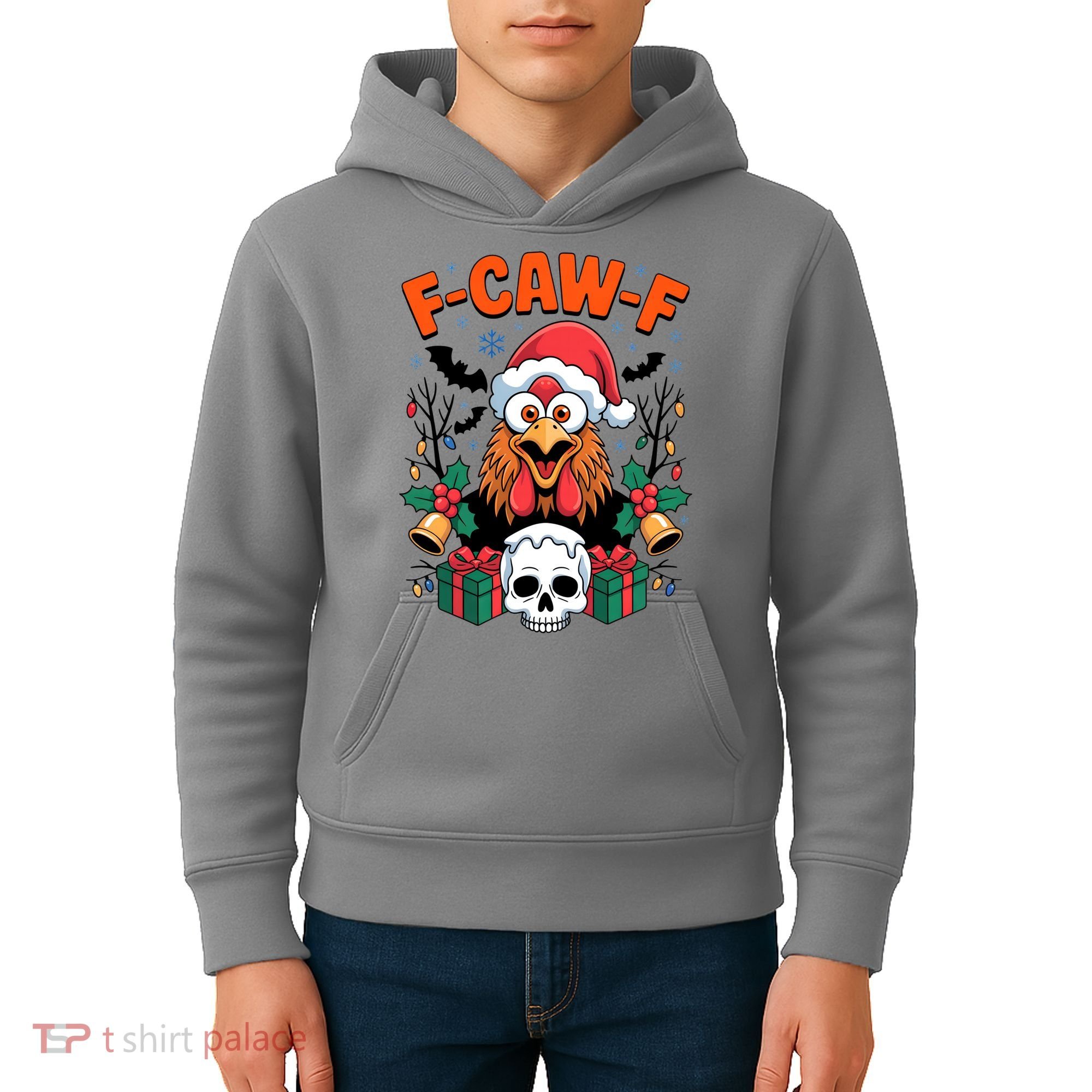 Merry Christmas F-Caw-F Chicken Spooky Skull Kids Hoodie