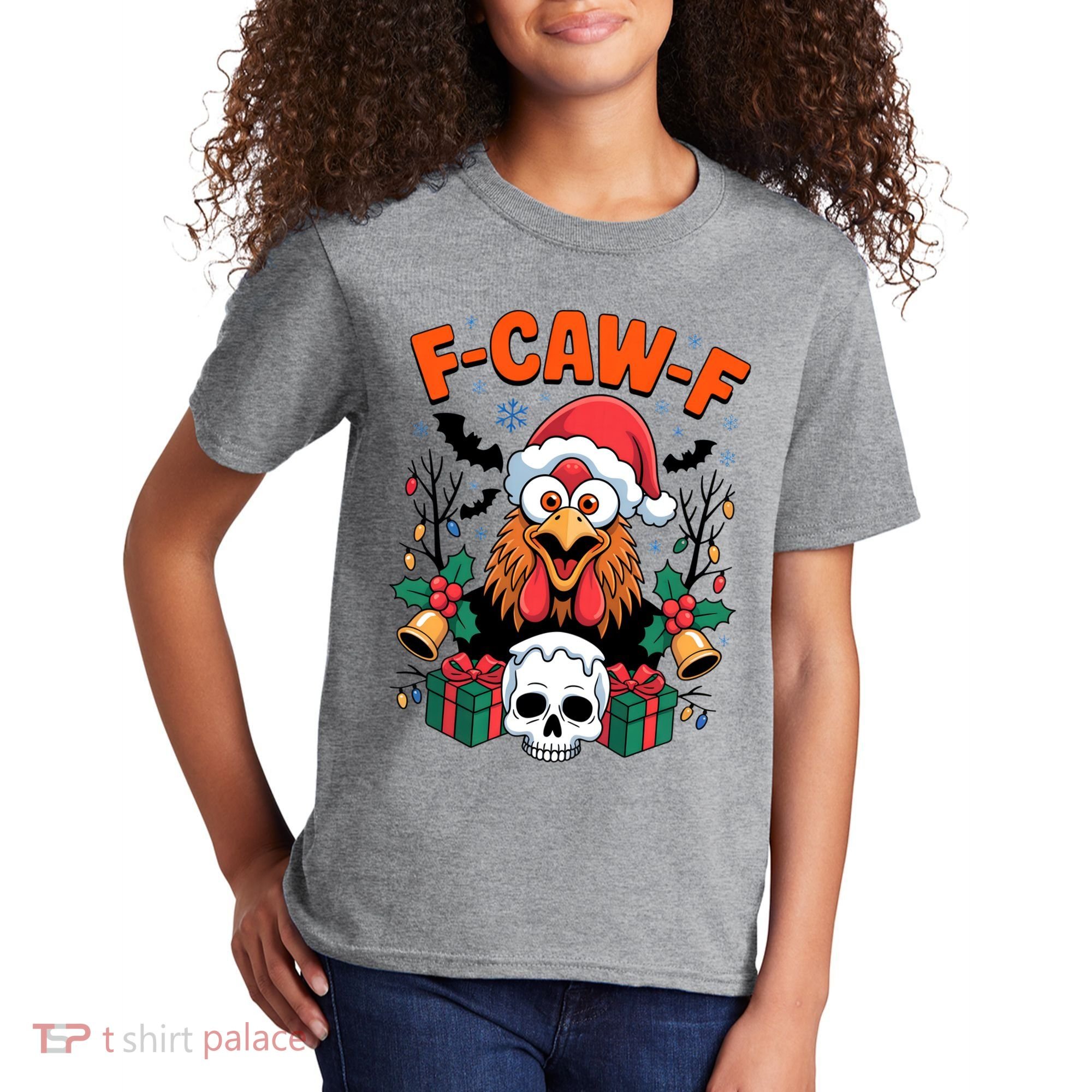 Merry Christmas F-Caw-F Chicken Spooky Skull Kids T-Shirt