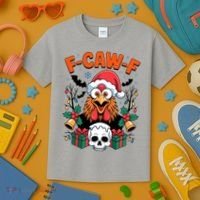 Merry Christmas F-Caw-F Chicken Spooky Skull Kids T-Shirt thumb 3
