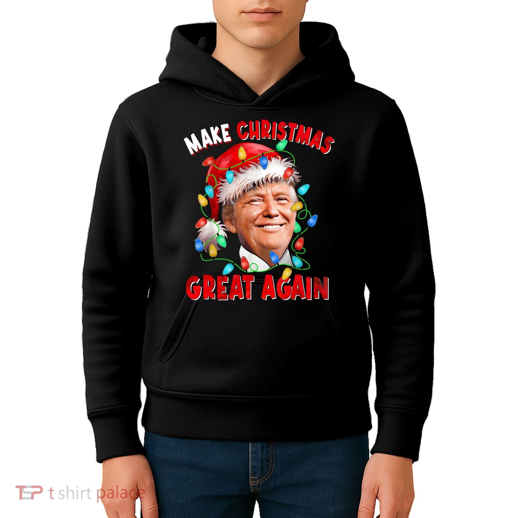 Make Christmas Great Again Funny Donald Trump Xmas Lights Kids Hoodie