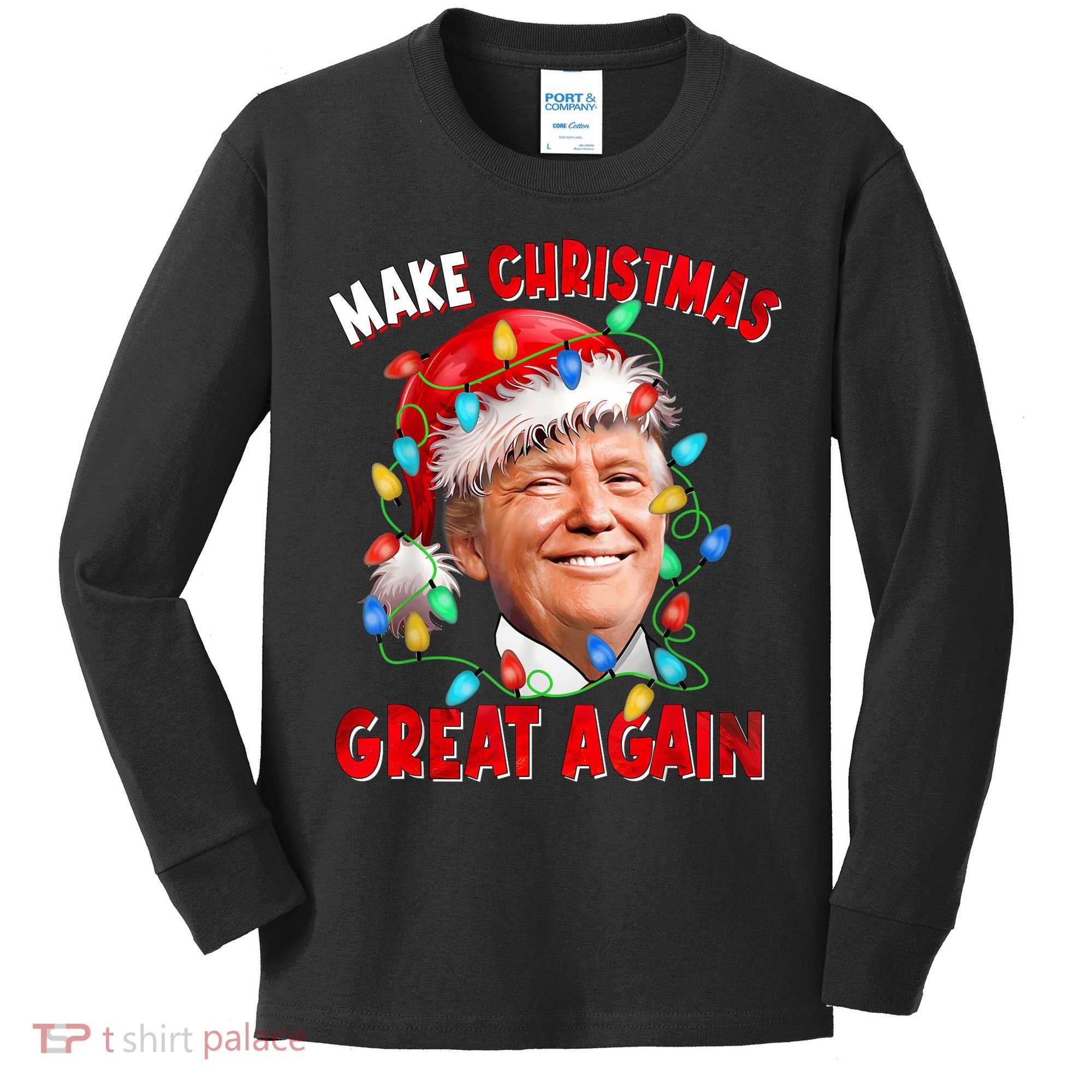 Make Christmas Great Again Funny Donald Trump Xmas Lights Kids Long Sleeve Shirt