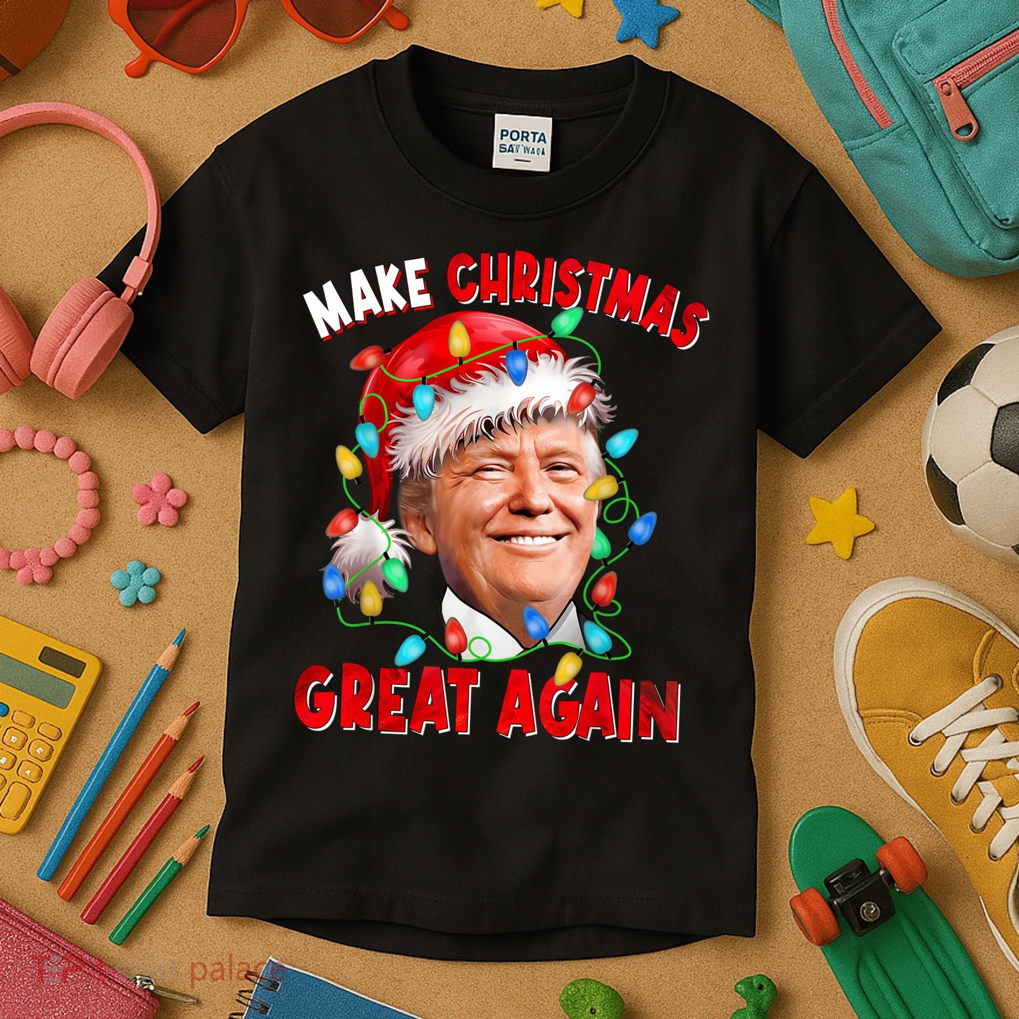 Make Christmas Great Again Funny Donald Trump Xmas Lights Kids T-Shirt