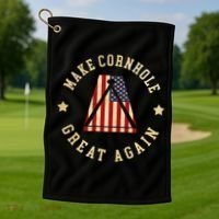 Make Cornhole Great Again Funny Cornhole American Flag Great Gift Golf Towel thumb 1