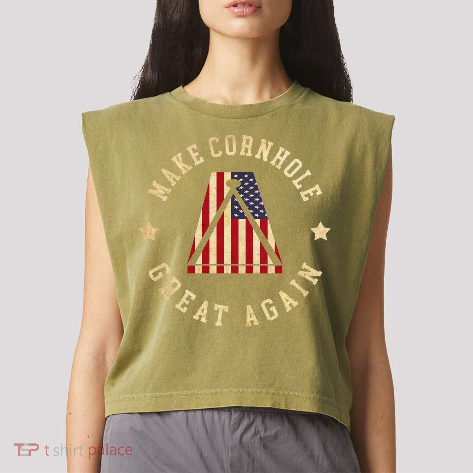 Make Cornhole Great Again Funny Cornhole American Flag Great Gift Garment-Dyed Women's Muscle Tee