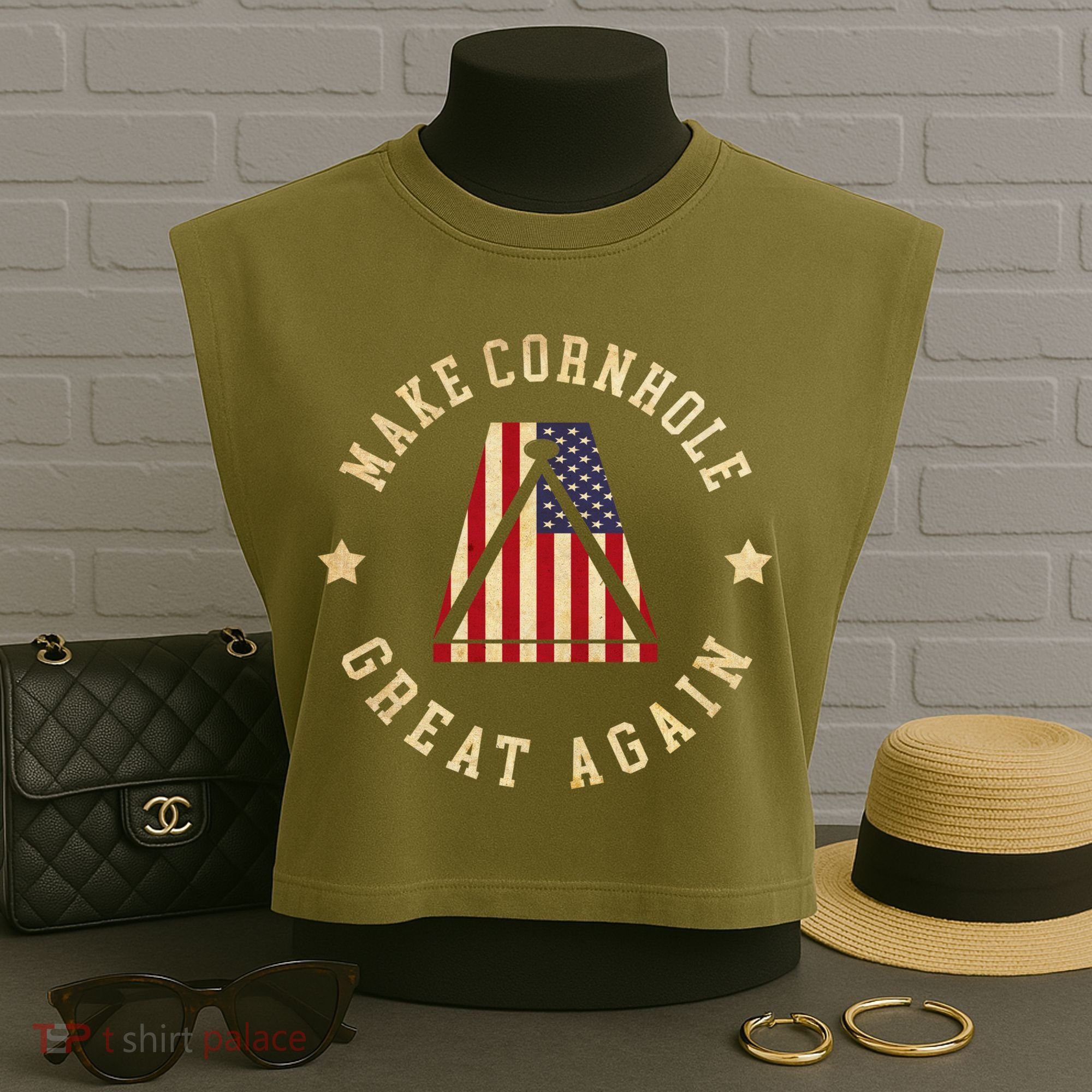 Make Cornhole Great Again Funny Cornhole American Flag Great Gift Garment-Dyed Women's Muscle Tee