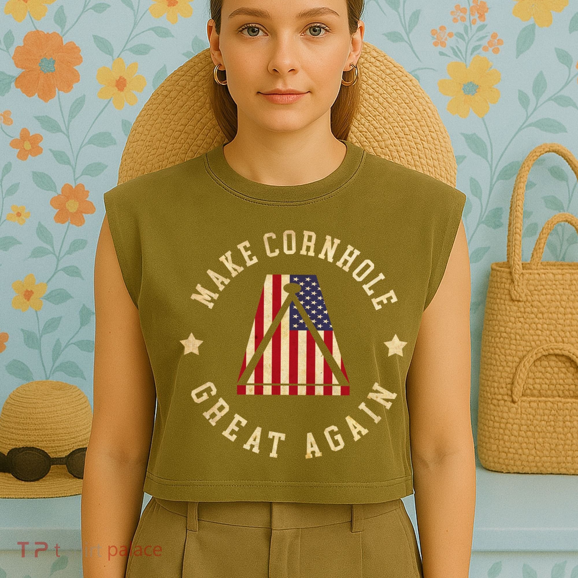 Make Cornhole Great Again Funny Cornhole American Flag Great Gift Garment-Dyed Women's Muscle Tee