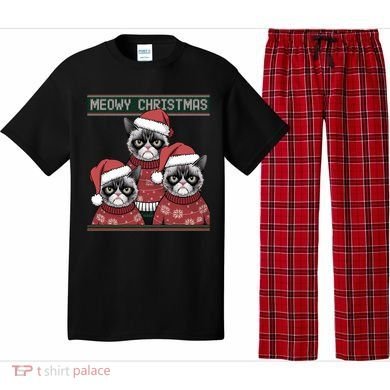 Meowy Christmas Grumpy Annoyed Cat Ugly Design Gift Pajama Set