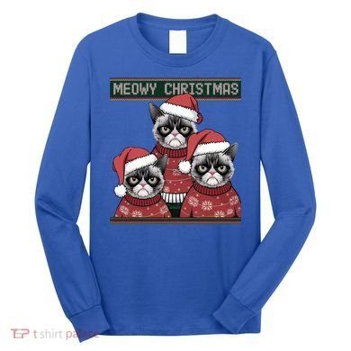 Meowy Christmas Grumpy Annoyed Cat Ugly Design Gift Long Sleeve Shirt