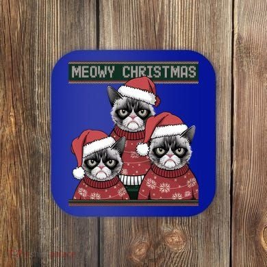Meowy Christmas Grumpy Annoyed Cat Ugly Design Gift Coaster