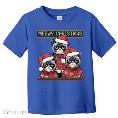 Meowy Christmas Grumpy Annoyed Cat Ugly Design Gift Toddler T-Shirt