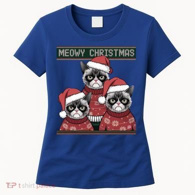 Meowy Christmas Grumpy Annoyed Cat Ugly Design Gift Women's T-Shirt